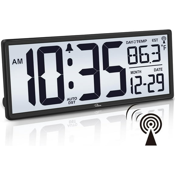 14.5'' Atomic Clock with Backlight, Large Digital Wall Clock Battery Operated, Large Display with Temperature and Date, Easy to Read and Set Digital Wall Clock, Auto DST