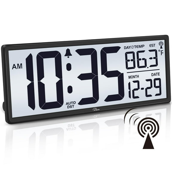 14.5'' Atomic Clock With Backlight  Large Digital Wall Operated Display Temperature And Date Easy To Read Set Auto Dst