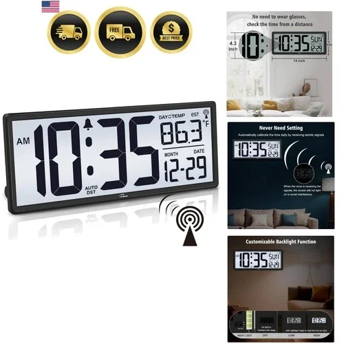 14.5'' Atomic Clock with Backlight, Large Digital Wall Clock Battery Operated...
