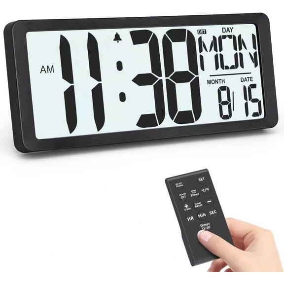14.5 Battery Operated Large Digital Wall Clock with Backlight, Large Display Timer with Remote Control, Auto DST & Adjustable Brightness, Alarm Clock for Home, Classroom, Office