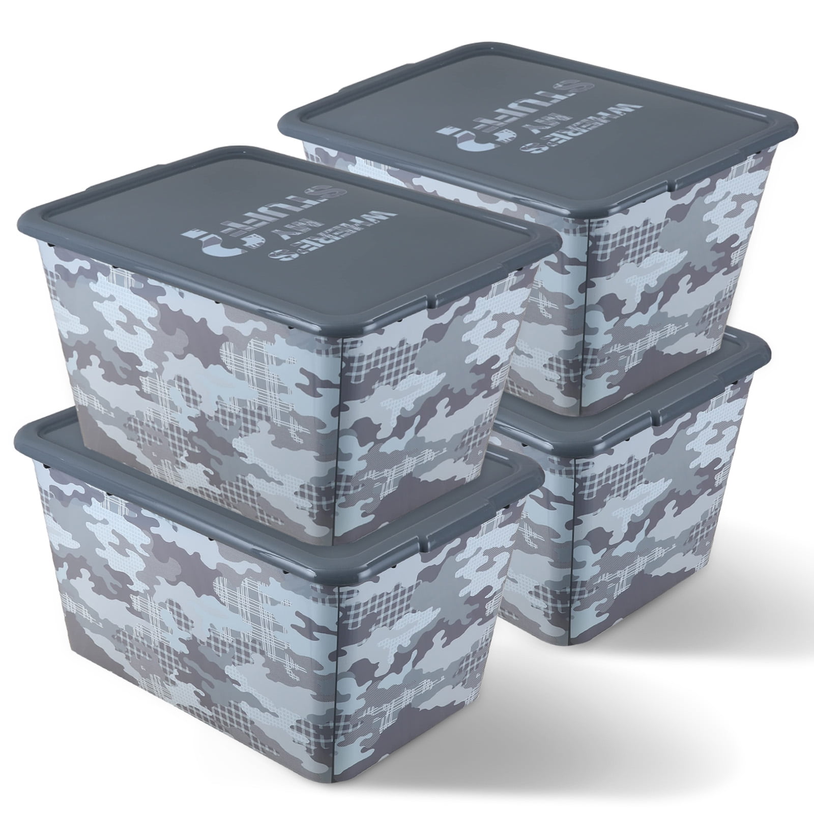 14.5 Gal 4-Pack IML Storage Tote, Stackable Bin with Lid, Organizing Storage, A 14.5-Gallon (58-Quart) -CAMO