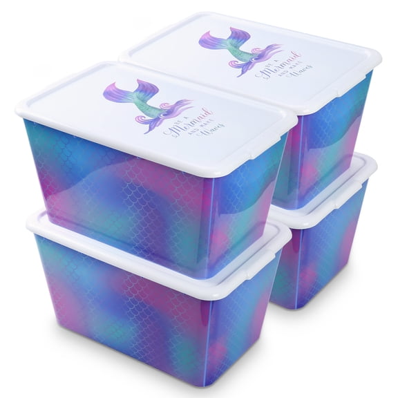 14.5 Gal 4-Pack IML Storage Tote, Stackable Bin with Lid, Organizing Storage, A 14.5-Gallon (58-Quart) -Rainbow Mermaid