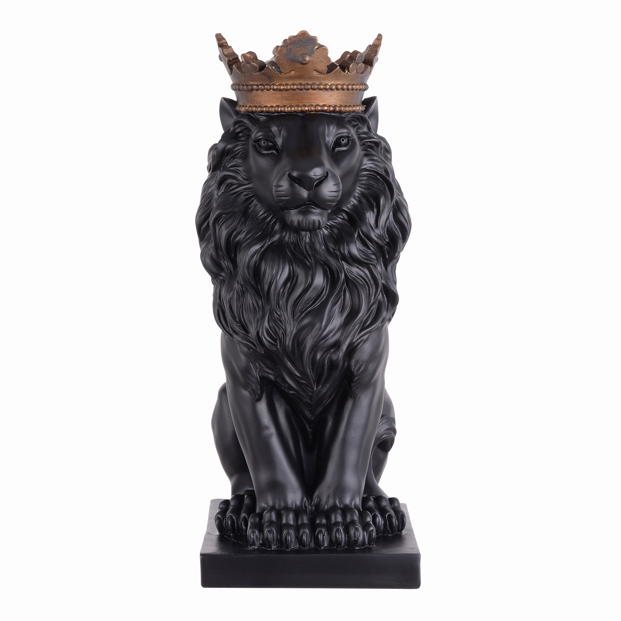 14.5" H Black Sitting Lion W/ Gold Crown Resin Statue Statue Home Decor Living Room Display