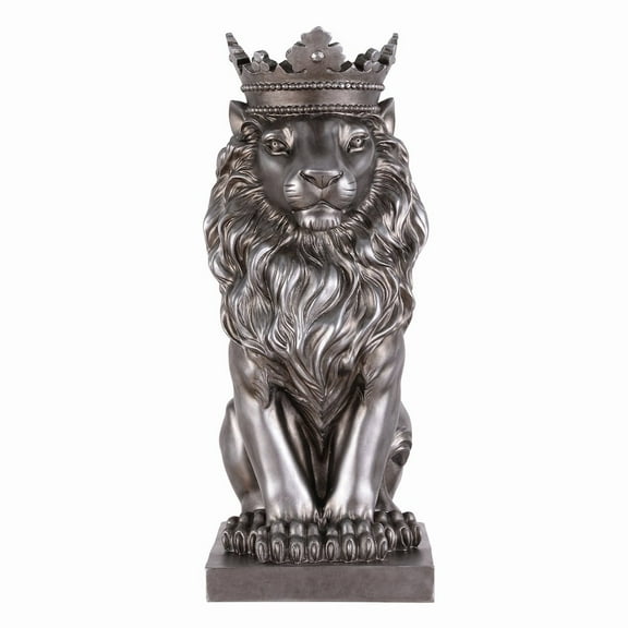 Hi-Line Gift Ltd. 14.5" H Sitting Lion W/Crown Silver Color Resin Statue