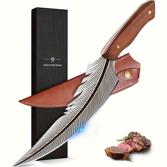 14.5" Hand-Forged High Carbon Steel Boning Knife - Full Tang V-Sharp Blade, Ergonomic Wood Handle & Feather-Like Sheath, Heavy-Duty for Meat/BBQ/Hunting/Survival, Ideal Gift for Chefs