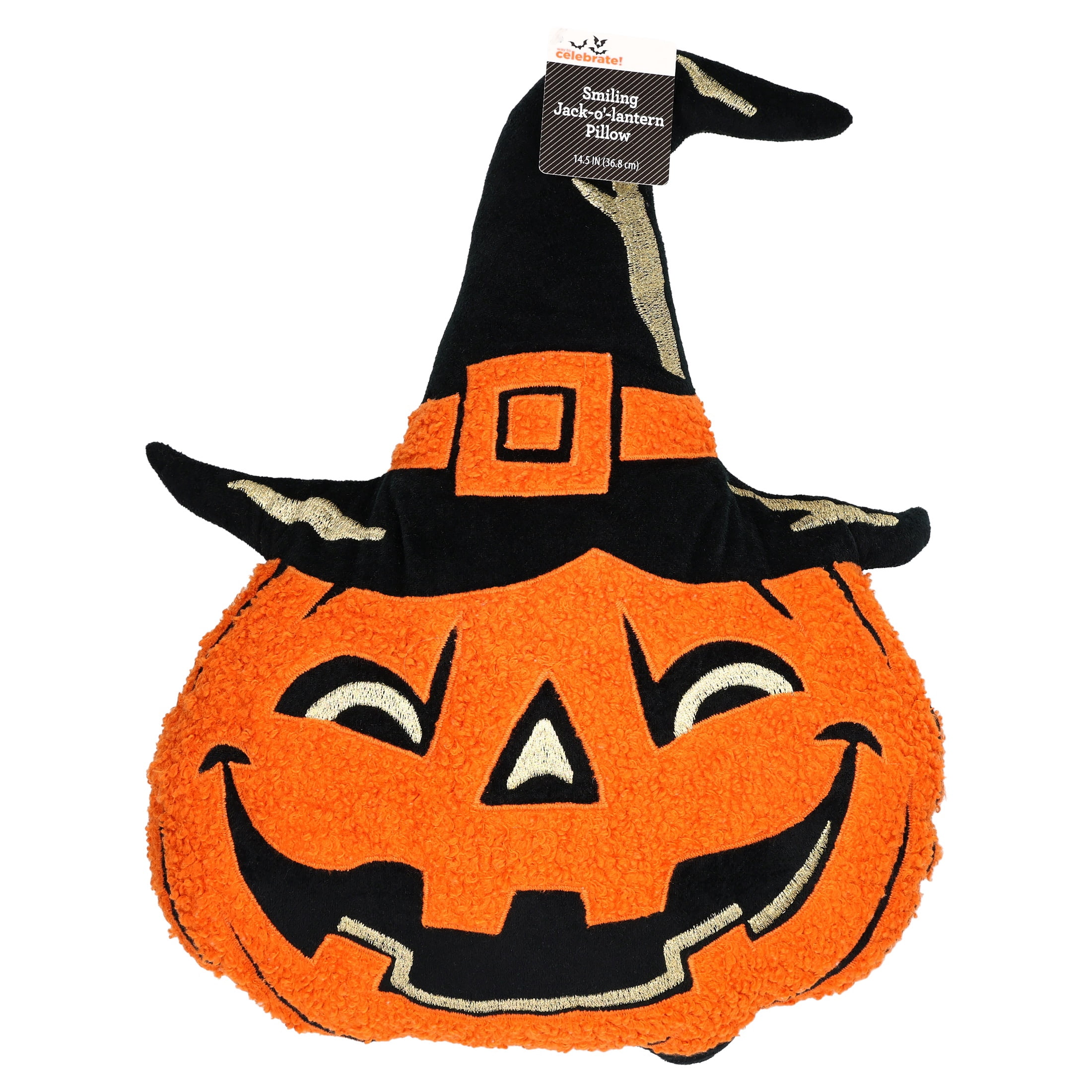 Smiling Jack-o'-Lantern Decorative Pillow, Black and Orange, 14.5", Halloween by Way To Celebrate