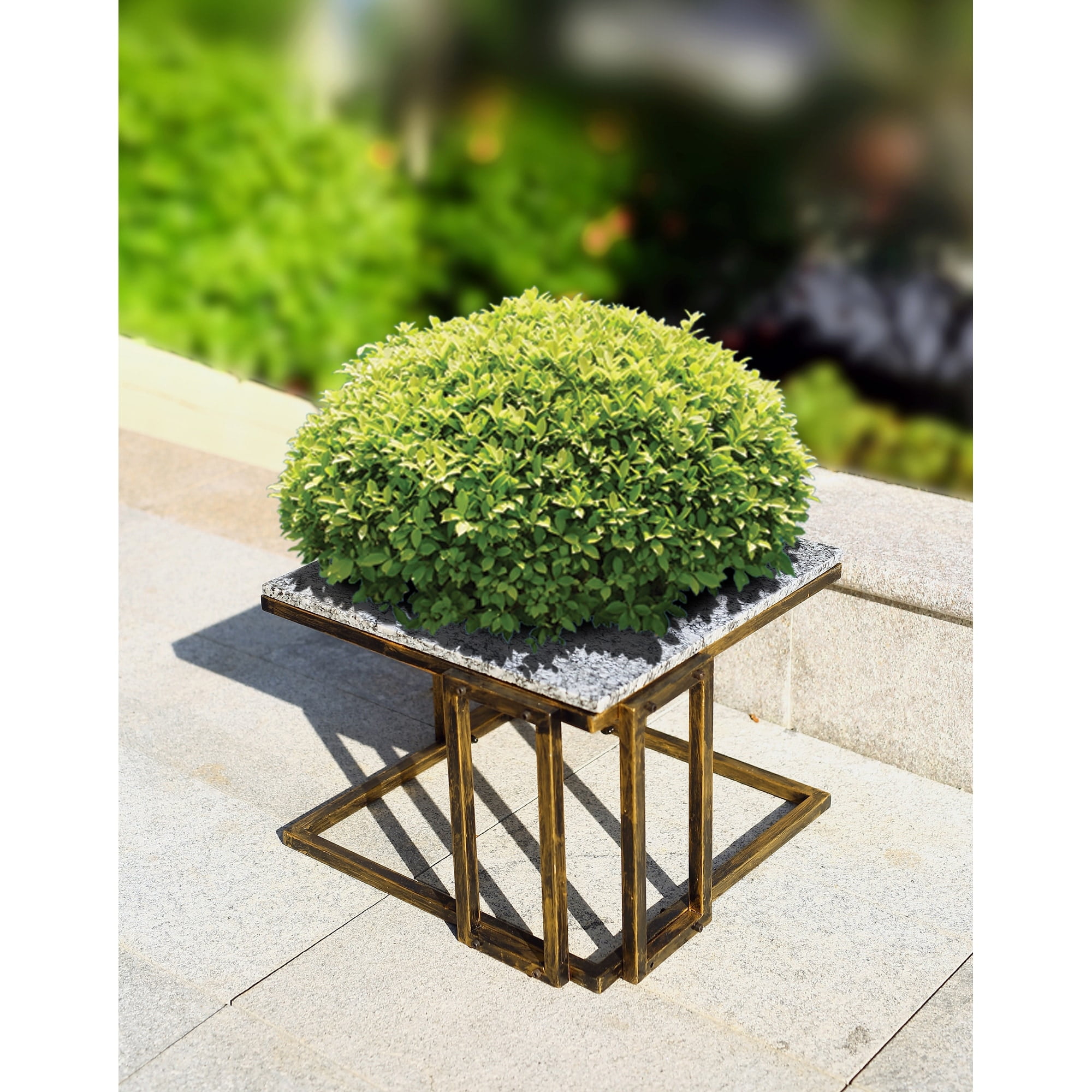14.5" Granite Marble Black and Gold Metal Plant Stand