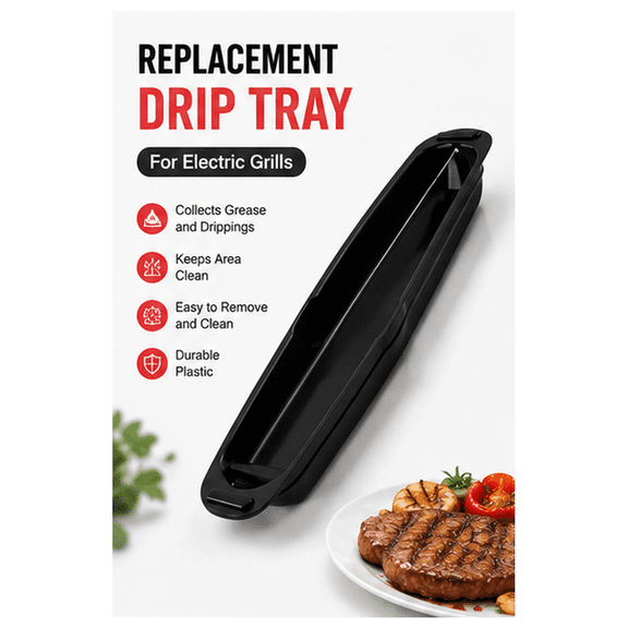 13.39Inch Replacement Grill Drip Tray, Plastic Grease Catcher Pan for Compatible Electric Grills, Easy to Clean, Black