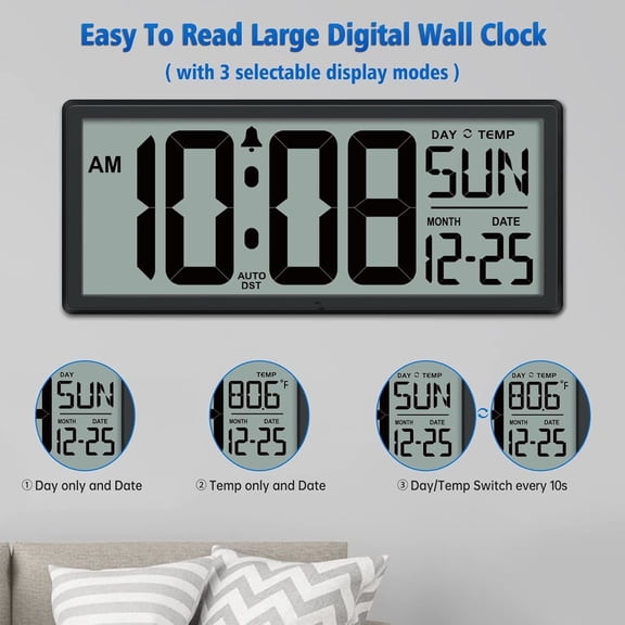 14.5'' Large Digital Wall Clock Battery Operated with Jumbo Numbers, Temperature and Date - Easy to Read and Set, Auto DST