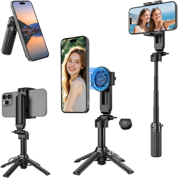 14.5" Mini Magnetic Tripod for iPhone, Selfie Stick with Remote for MagSafe, Portable Pocket Size Selfie Stick with Metal Ring, Small/Compact Cell Phone Stand for Recording, Travel and Vlogging-Black
