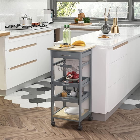 14.5" Mobile Kitchen Trolley with Drawer, Slide-Out Basket & Pull-Out Trays, Rolling Serving Cart with Storage, Small Space Coffee Bar Cabinet, Grey