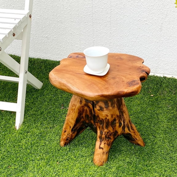14.5" Natural Cedar Tree Stump Stool - Unique Wood Side Table & Rustic End Table, Small Live Edge Plant Stand, Handmade Mushroom Stool for Living Room, Outdoor, Patio