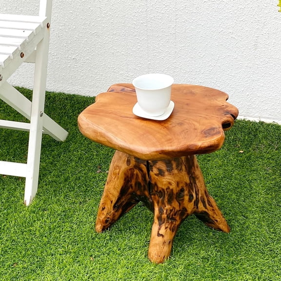 14.5" Natural Cedar Tree Stump Stool - Unique Wood Side Table & Rustic End Table, Small Live Edge Plant Stand, Handmade Mushroom Stool for Living Room, Outdoor, Patio