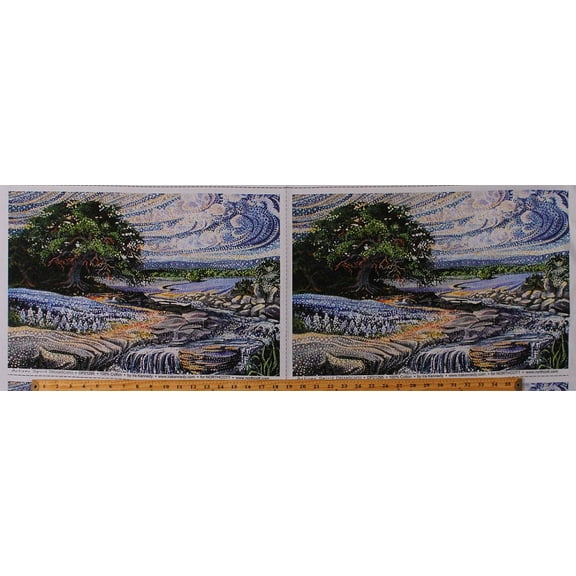 14.5" X 44" Panel Artisan Spirit Dreamscape Tree River Waterfall Landscape Lupines Flowers Floral Circles Painting-Look Cotton Fabric Panel (DP21295)