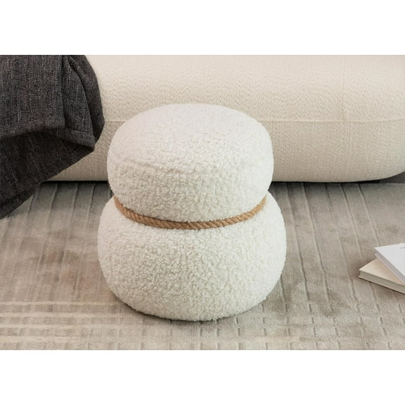 14.56'' Snowman Stool,Modern Fabric Ottoman Foot Rest,Teddy Round Foot Stool with Three Legs Under Desk,Small Stool for Living Room, Bedroom and Kitchen (Beige)