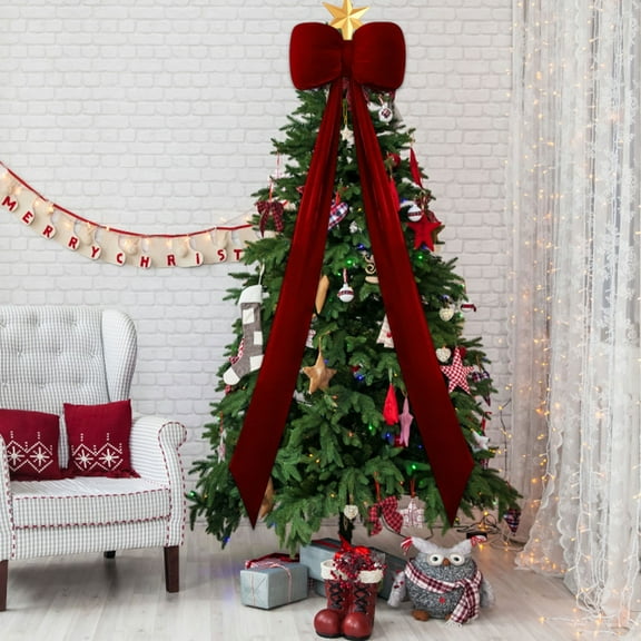 14×59 Inch Burgundy Christmas Bows, Large Velvet Bow for Christmas Tree Topper, Giant Velvet Bow for Xmas Tree/Wall/Door/Mantle, Indoor Outdoor Christmas Hanging Decoration