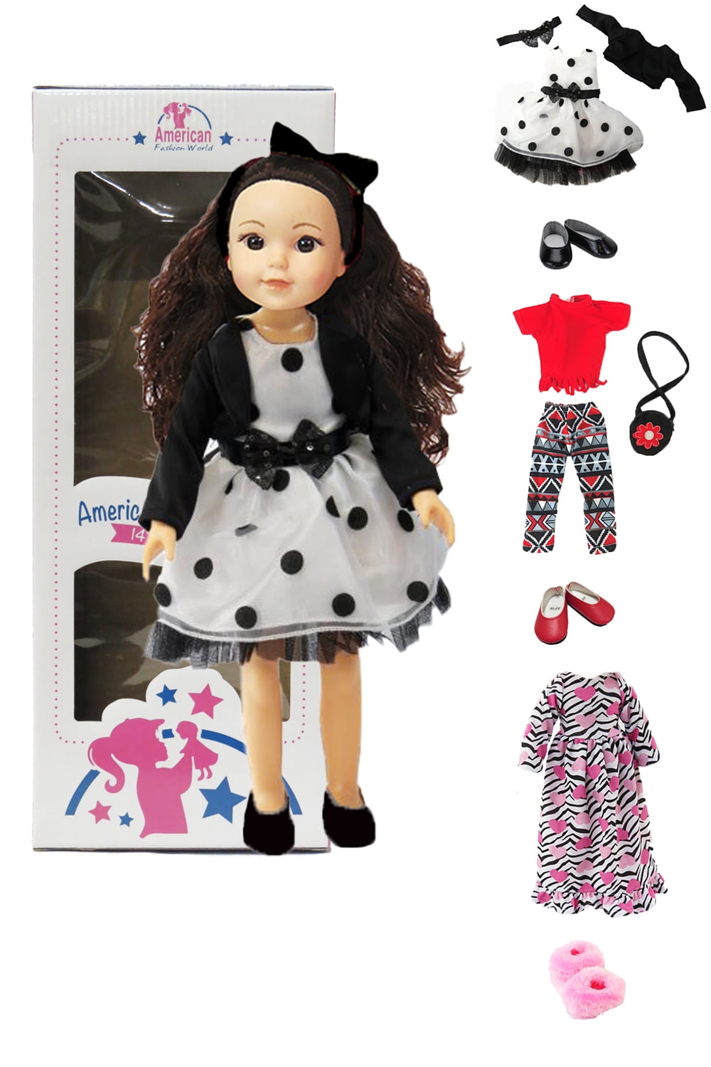 14.5in Doll Opal Brown Hair Brown Eyes Three Outfits and Box Included | American Fashion World