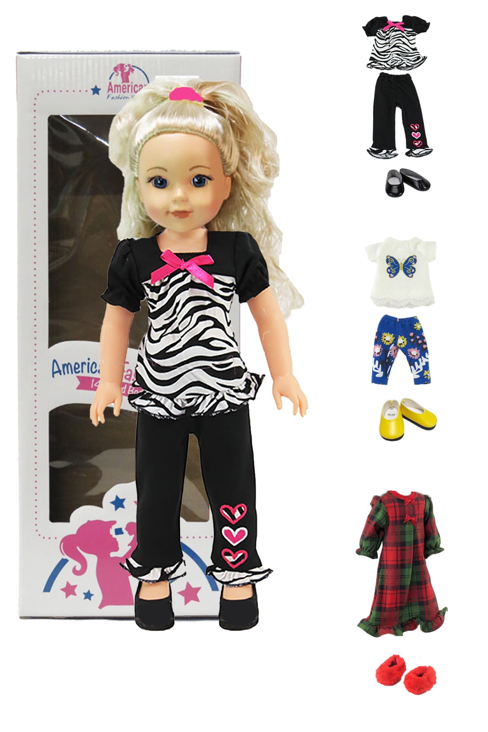 14.5in Doll Ruby Blonde Hair Blue Eyes Three Outfits and Box Included | American Fashion World