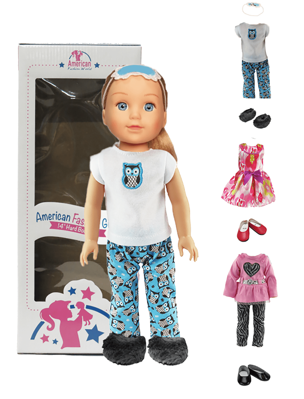 14.5in Doll Sapphire Blonde Hair Blue Eyes Three Outfits and Box Included | American Fashion World