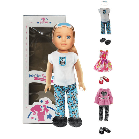 14.5in Doll Sapphire Blonde Hair Blue Eyes Three Outfits and Box Included | American Fashion World
