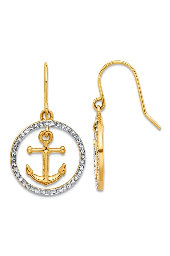 14.5mm 14k and White Rhodium Diamond cut Nautical Ship Mariner Anchor DReligious Guardian Angel In Circle Long Drop Dang