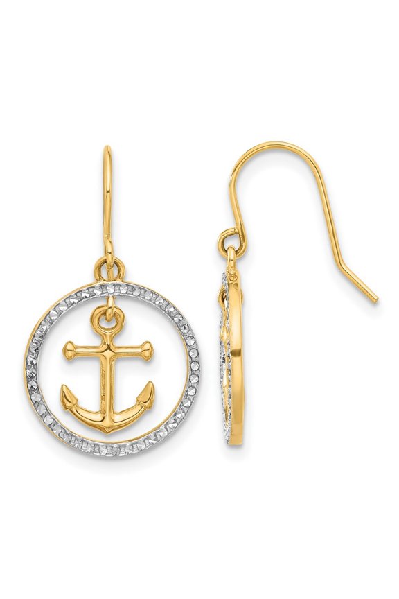 14.5mm 14k and White Rhodium Diamond cut Nautical Ship Mariner Anchor DReligious Guardian Angel In Circle Long Drop Dang