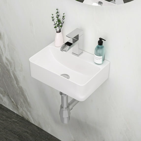 14.5x10 Inch White Ceramic Rectangular Wall Mount Floating Bathroom Sink with Single Faucet Hole and Overflow , Modern Ceramic Countertop Sink for Small Bathroom, Laundry Room, White