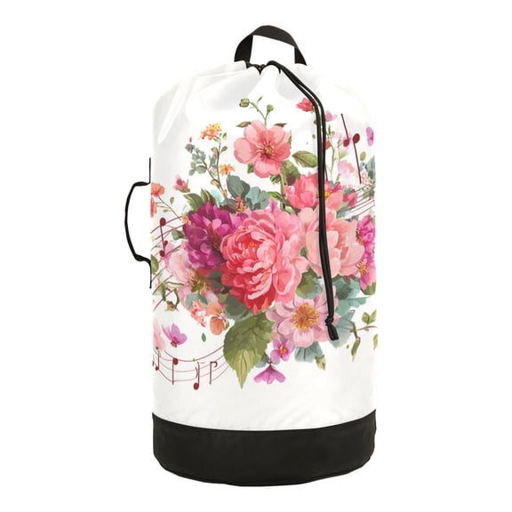 14.5x29.3in Laundry Backpack Bag with Drawstring & Adjustable Straps Heavy-Duty Wash Bag for Travel Storage Camping Colorful Musical Notes with Flowers