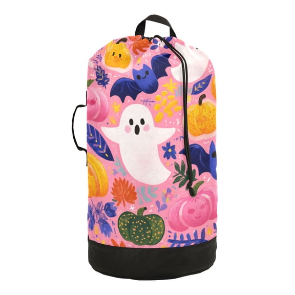 14.5x29.3in Laundry Backpack Bag with Drawstring & Adjustable Straps Heavy-Duty Wash Bag for Travel Storage Camping Pink Cute Halloween Ghosts Pattern