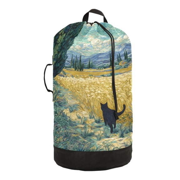 14.5x29.3in Laundry Backpack Bag with Drawstring & Adjustable Straps Heavy-Duty Wash Bag for Travel Storage Camping Black Cat Walking Fields