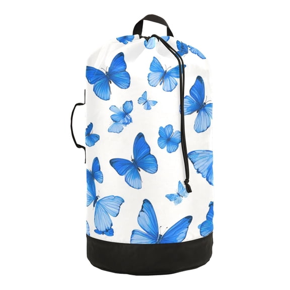 14.5x29.3in Laundry Backpack Bag with Drawstring & Adjustable Straps Heavy-Duty Wash Bag for Travel Storage Camping Blue Butterfly Pattern