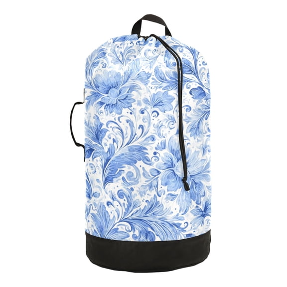 14.5x29.3in Laundry Backpack Bag with Drawstring & Adjustable Straps Heavy-Duty Wash Bag for Travel Storage Camping Blue Watercolor Floral Pattern