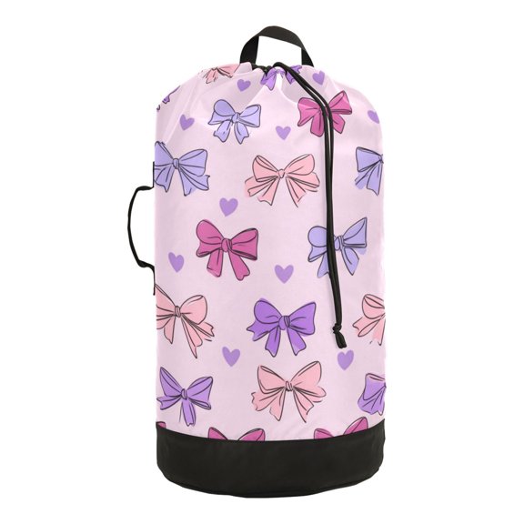 14.5x29.3in Laundry Backpack Bag with Drawstring & Adjustable Straps Heavy-Duty Wash Bag for Travel Storage Camping Bows and Heart Pattern