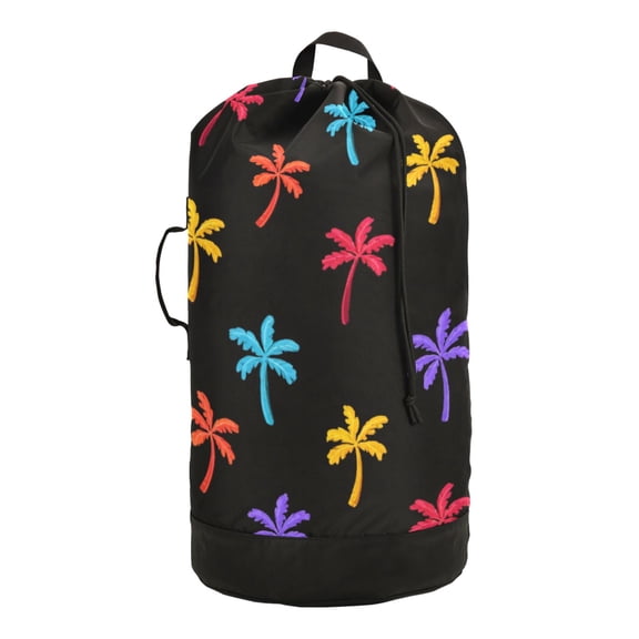 14.5x29.3in Laundry Backpack Bag with Drawstring & Adjustable Straps Heavy-Duty Wash Bag for Travel Storage Camping Colorful Palm Tree Icons
