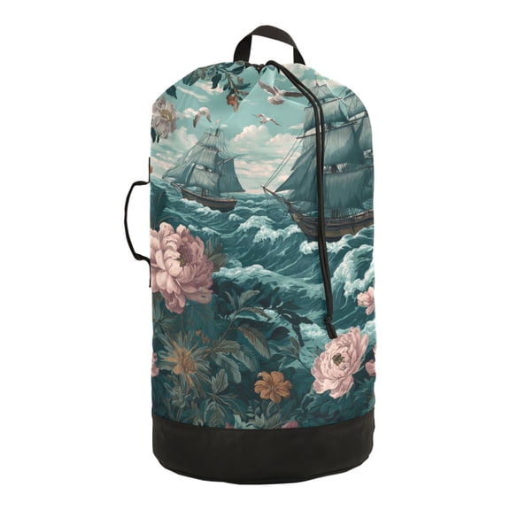 14.5x29.3in Laundry Backpack Bag with Drawstring & Adjustable Straps Heavy-Duty Wash Bag for Travel Storage Camping Elegant Nautical Scene