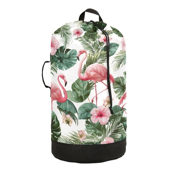 14.5x29.3in Laundry Backpack Bag with Drawstring & Adjustable Straps Heavy-Duty Wash Bag for Travel Storage Camping Flamingo and Tropical Leaves