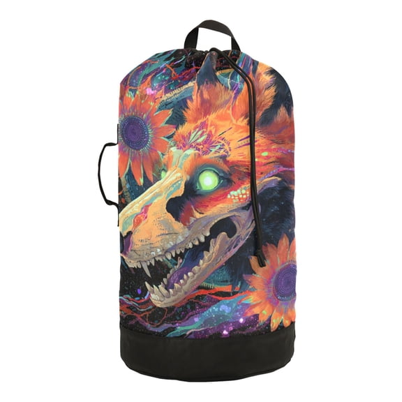 14.5x29.3in Laundry Backpack Bag with Drawstring & Adjustable Straps Heavy-Duty Wash Bag for Travel Storage Camping Fox Skull