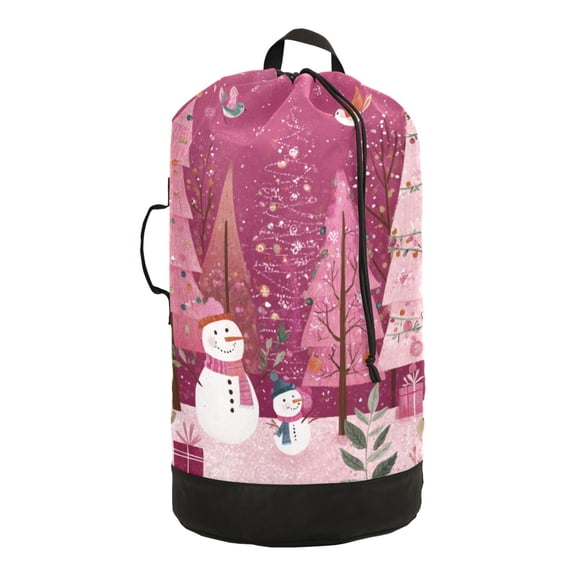 14.5x29.3in Laundry Backpack Bag with Drawstring & Adjustable Straps Heavy-Duty Wash Bag for Travel Storage Camping Pink Christmas Forest