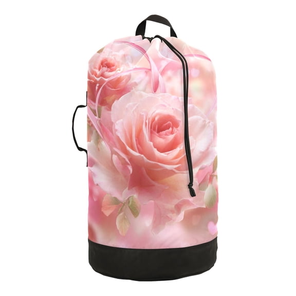 14.5x29.3in Laundry Backpack Bag with Drawstring & Adjustable Straps Heavy-Duty Wash Bag for Travel Storage Camping Pink Roses and Ribbons