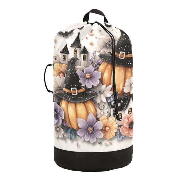 14.5x29.3in Laundry Backpack Bag with Drawstring & Adjustable Straps Heavy-Duty Wash Bag for Travel Storage Camping Pumpkins and Witch Hats