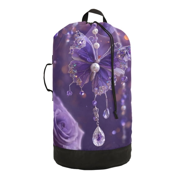 14.5x29.3in Laundry Backpack Bag with Drawstring & Adjustable Straps Heavy-Duty Wash Bag for Travel Storage Camping Purple Butterfly Pattern