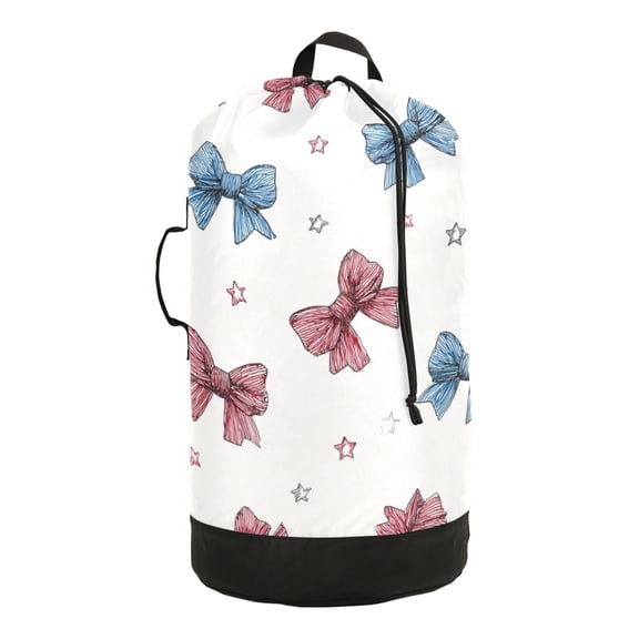 14.5x29.3in Laundry Backpack Bag with Drawstring & Adjustable Straps Heavy-Duty Wash Bag for Travel Storage Camping Red and Blue Stripes Bows