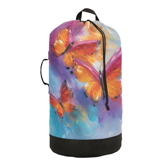 14.5x29.3in Laundry Backpack Bag with Drawstring & Adjustable Straps Heavy-Duty Wash Bag for Travel Storage Camping Red and Orange Butterflies