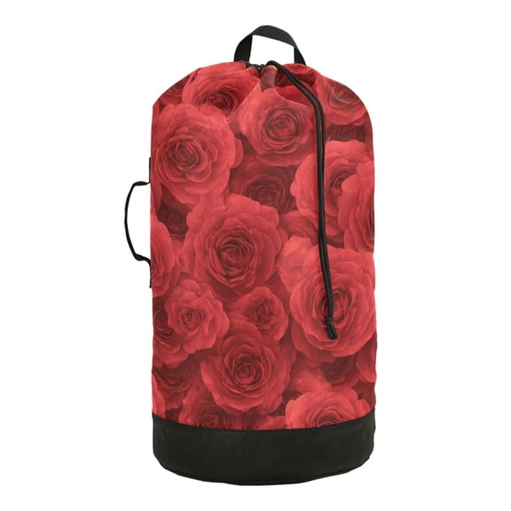 14.5x29.3in Laundry Backpack Bag with Drawstring & Adjustable Straps Heavy-Duty Wash Bag for Travel Storage Camping Romantic Red Roses in Rows