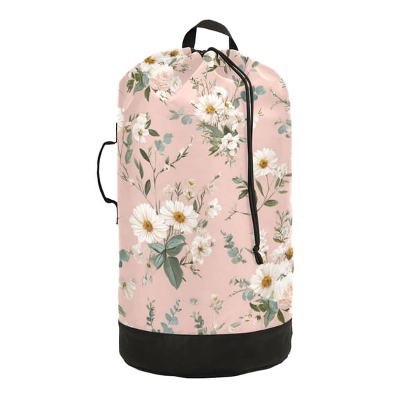 14.5x29.3in Laundry Backpack Bag with Drawstring & Adjustable Straps Heavy-Duty Wash Bag for Travel Storage Camping Small White and Pink Flowers
