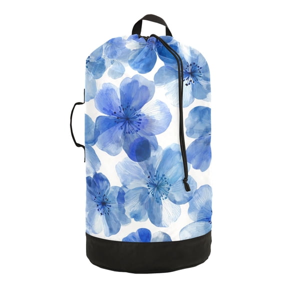 14.5x29.3in Laundry Backpack Bag with Drawstring & Adjustable Straps Heavy-Duty Wash Bag for Travel Storage Camping Watercolor Blue Flowers