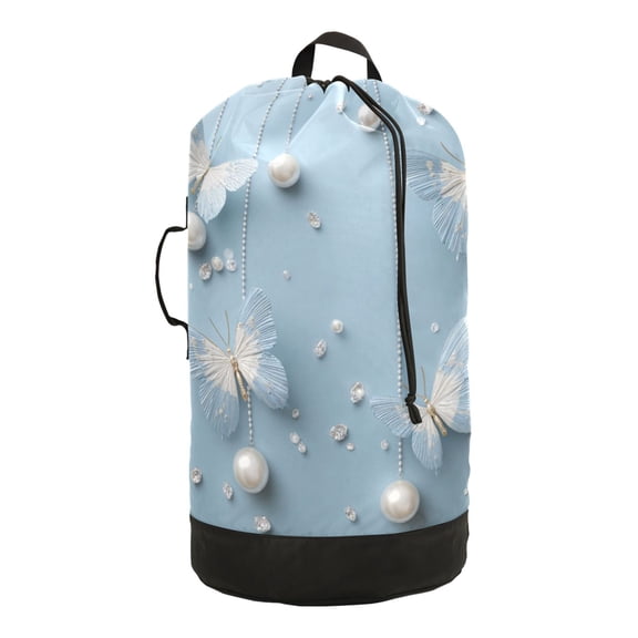 14.5x29.3in Laundry Backpack Bag with Drawstring & Adjustable Straps Heavy-Duty Wash Bag for Travel Storage Camping White Butterflies Pattern