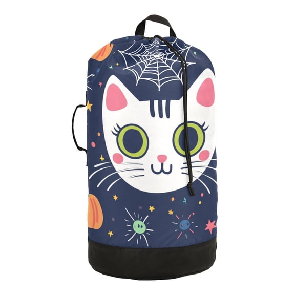 14.5x29.3in Laundry Backpack Bag with Drawstring & Adjustable Straps Heavy-Duty Wash Bag for Travel Storage Camping White Cute Cat Head