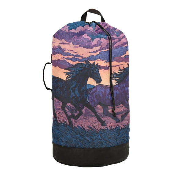 14.5x29.3in Laundry Backpack Bag with Drawstring & Adjustable Straps Heavy-Duty Wash Bag for Travel Storage Camping Wild Horses Running