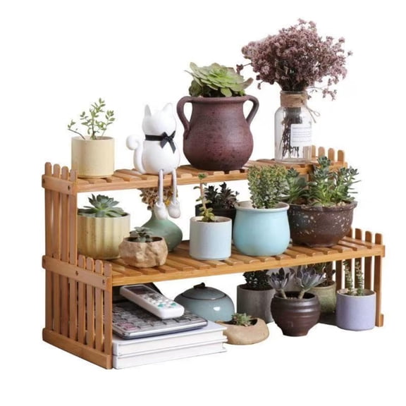 14.6"/18.5" 2 Tiers Bamboo Plant Stand Shelf,Desk Flower Pot Holder,Adjustable Desktop Shelf Display Organizer Ladder Rack for Office Decorate Storage Rack,Kitchen Rack (14.6" Length)